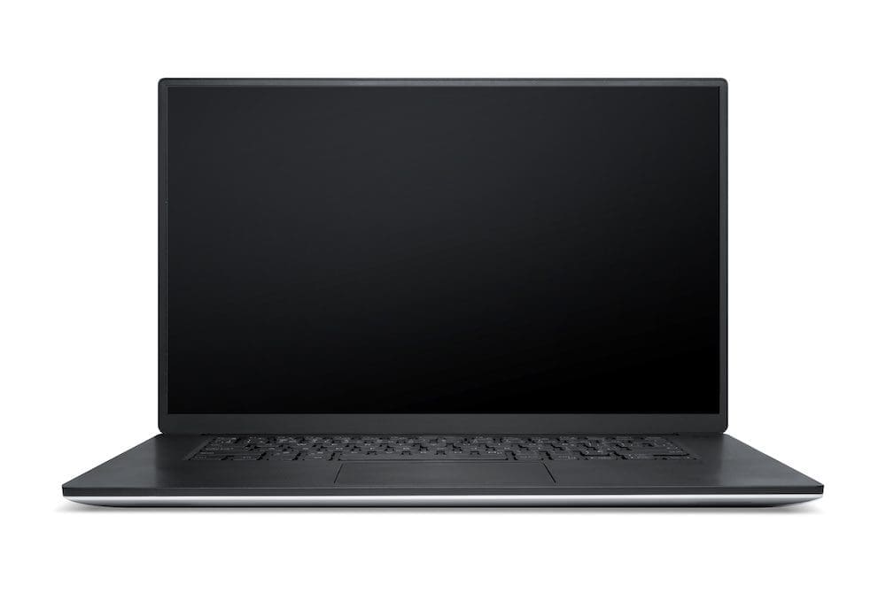 A laptop computer with black screen and silver keyboard.