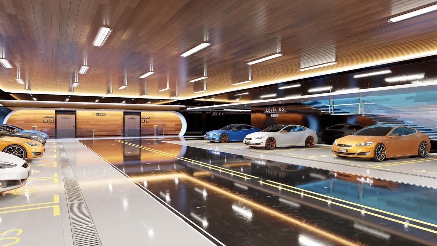 Luxury car showroom with modern design elements.