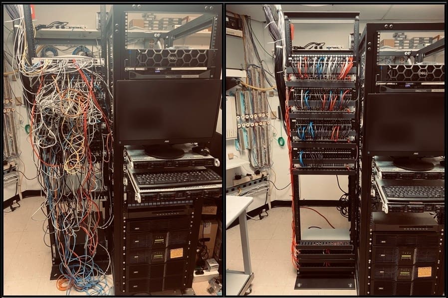 Messy and tidy server racks side by side.