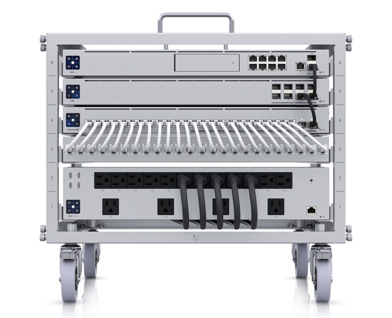 Mobile server rack with network equipment.