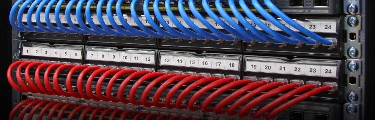 Blue and red network cables in server.