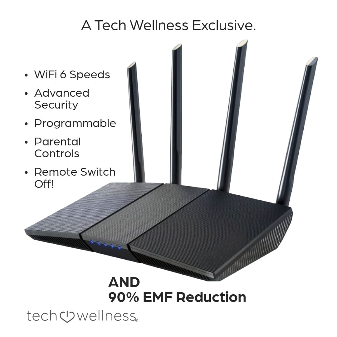 WiFi router with four antennas and features.