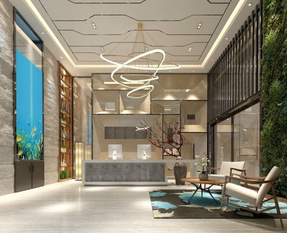 Modern hotel lobby with elegant lighting design.