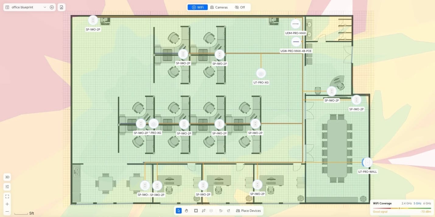 Office floor plan with labeled WiFi coverage.