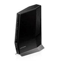 Black wireless router standing upright.