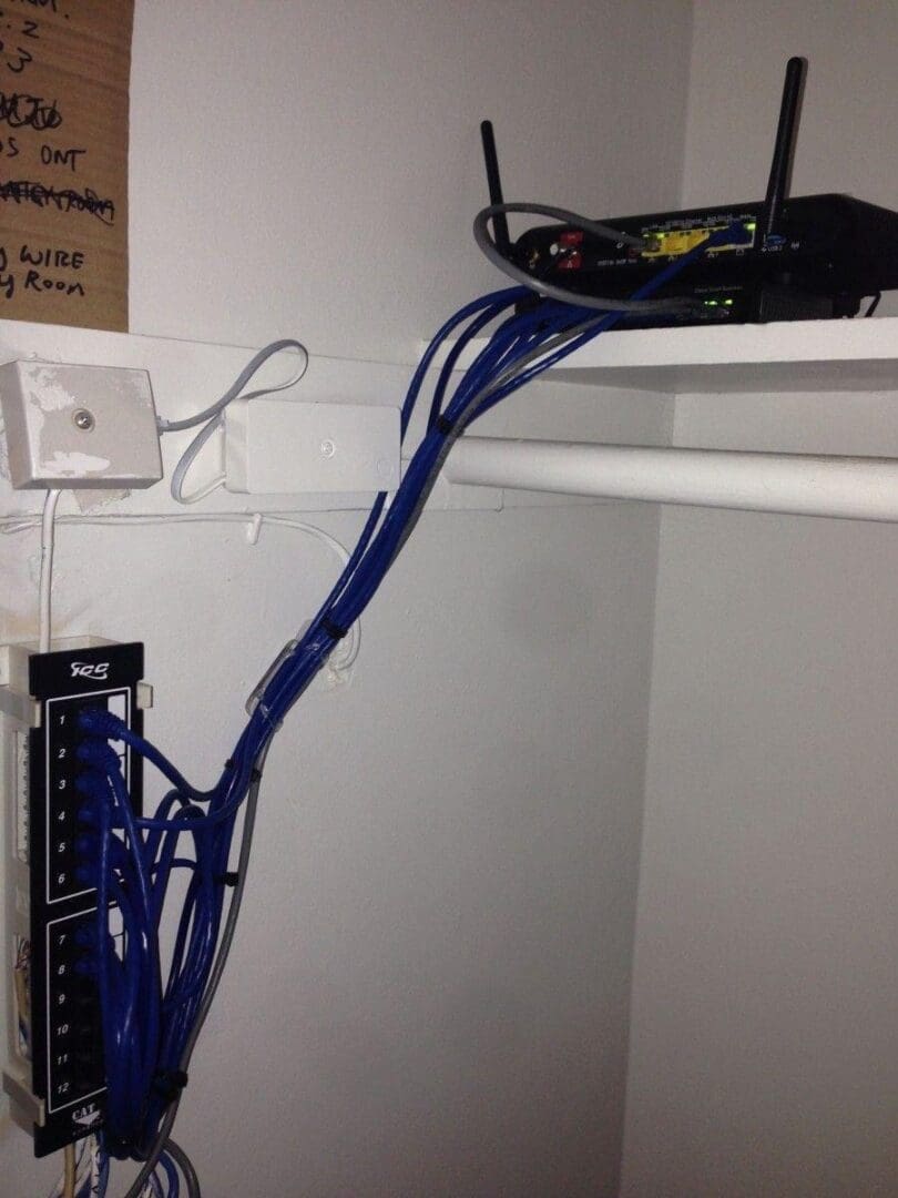 Router with blue network cables connected.