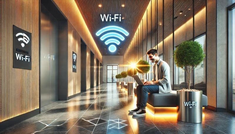 Man using laptop in modern Wi-Fi area.